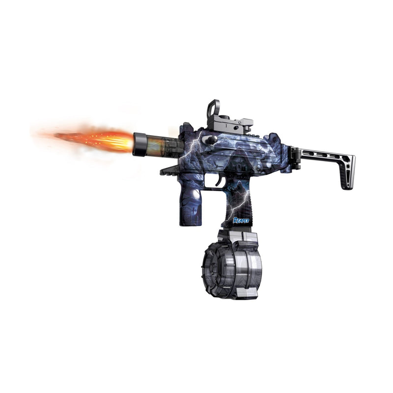 Load image into Gallery viewer, Blue and black reaper themed toy blaster with drum magazine, stock, and simulated muzzle flash on a white background.