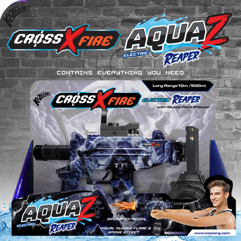 Load image into Gallery viewer, Retail display packaging for the Kazaang Cross X Fire AquaZ Electric Reaper toy water blaster against a grey brick wall background.