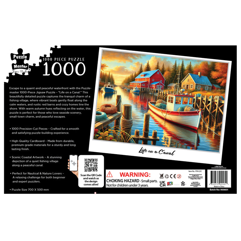 Load image into Gallery viewer, Back cover of Puzzle Master 1000-piece jigsaw puzzle box showing features, specifications, and Life on a Canal coastal boat painting.