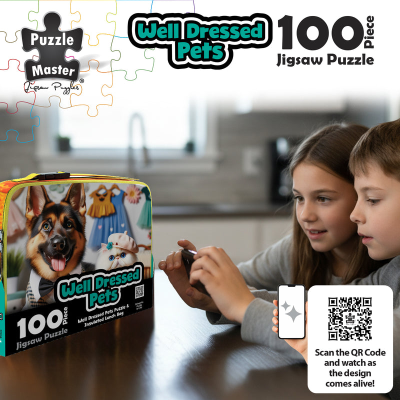 Load image into Gallery viewer, Lunch bag box next to children using a phone to scan the AR feature
