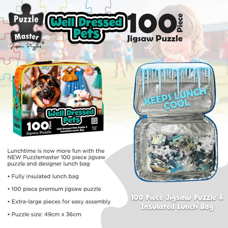 Load image into Gallery viewer, Lunch bag with puzzle pieces inside and bullet list of set features and puzzle dimensions
