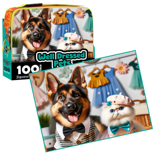 Lunch bag alongside the completed 100 piece Well Dressed Pets puzzle image