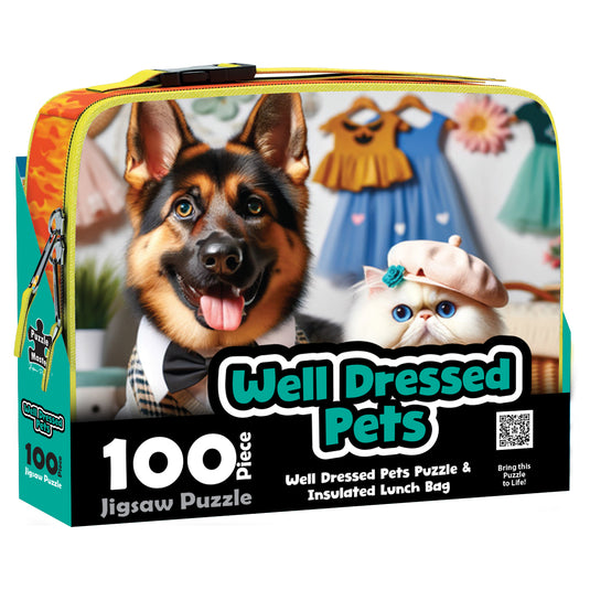 Lunch bag box featuring Well Dressed Pets artwork with a dressed-up dog and cat, 100 piece jigsaw puzzle label