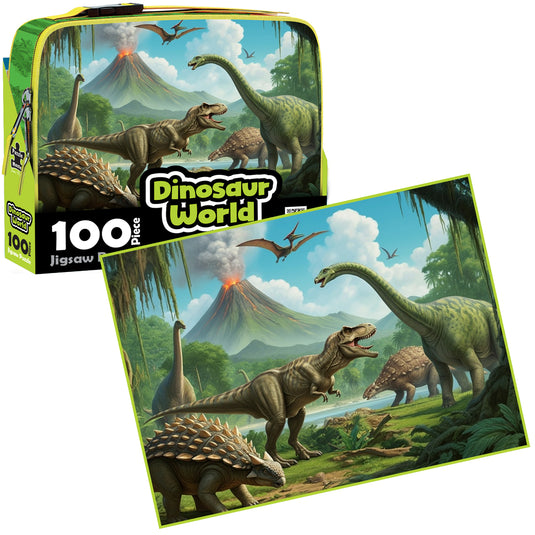 Dinosaur World lunch bag beside completed 100 piece jigsaw puzzle