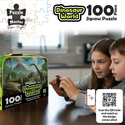 Children scanning the Dinosaur World puzzle box with a phone for AR animation