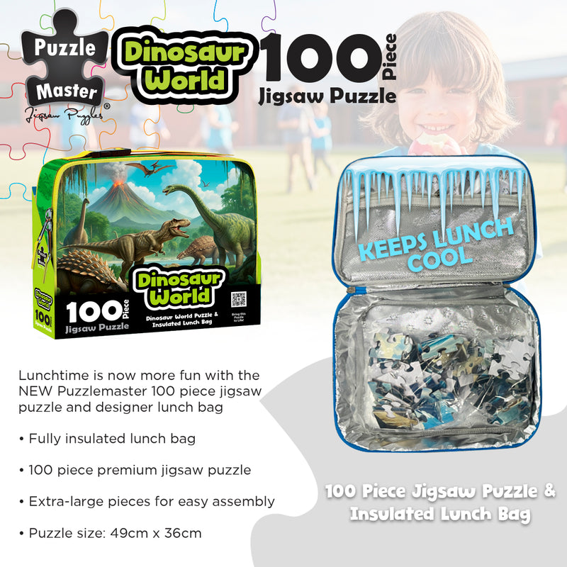 将图像加载到画廊查看器中，Dinosaur World lunch bag open showing insulated interior and puzzle pieces
