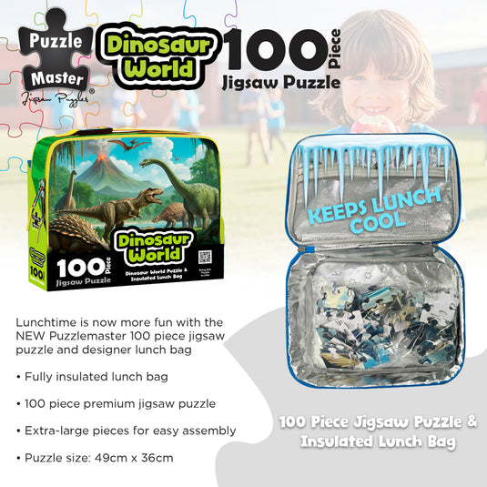 Dinosaur World lunch bag open showing insulated interior and puzzle pieces