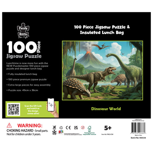 Back of Dinosaur World puzzle and lunch bag pack showing product details