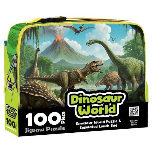 Dinosaur World lunch box puzzle set with volcano and dinosaur scene artwork