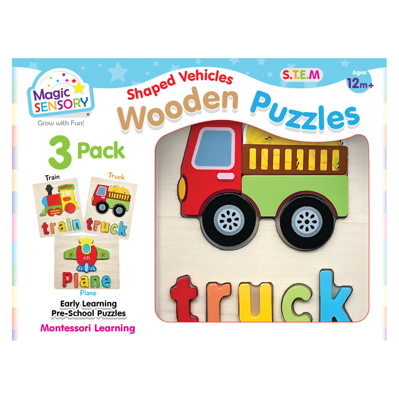 将图像加载到画廊查看器中，Shaped Vehicles Wooden Puzzles Triple Pack
