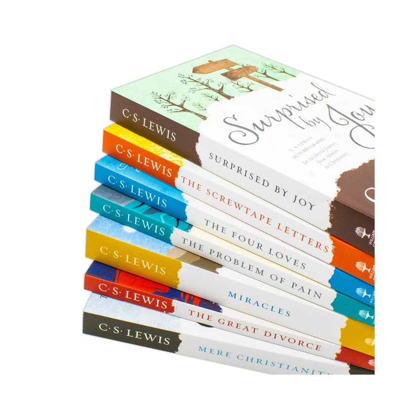 Load image into Gallery viewer, A stack of seven colourful C.S. Lewis paperback books, including Mere Christianity, The Screwtape Letters, and Surprised by Joy.
