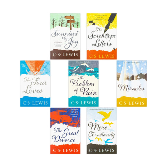 Seven paperback books by C. S. Lewis arranged in three rows on a plain white surface.