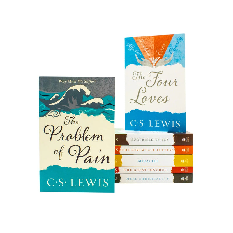 Load image into Gallery viewer, A set of C.S. Lewis paperback books including The Problem of Pain and The Four Loves stacked with other titles on a white background.
