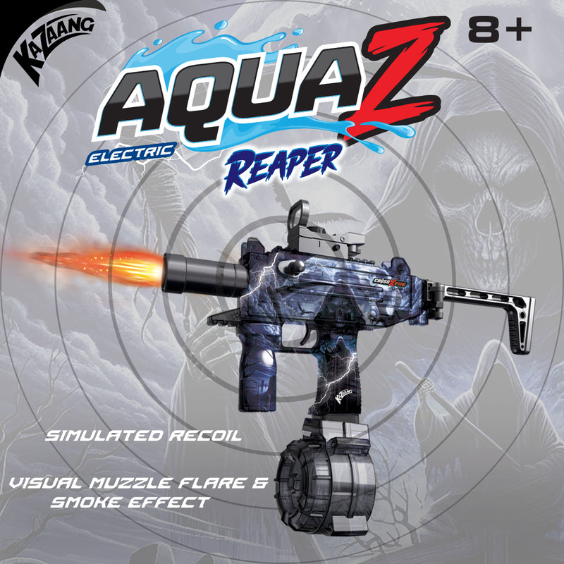 Load image into Gallery viewer, Promotional banner for Kazaang AquaZ Electric Reaper toy blaster featuring a grim reaper graphic pattern and muzzle flare effect against a target background.

