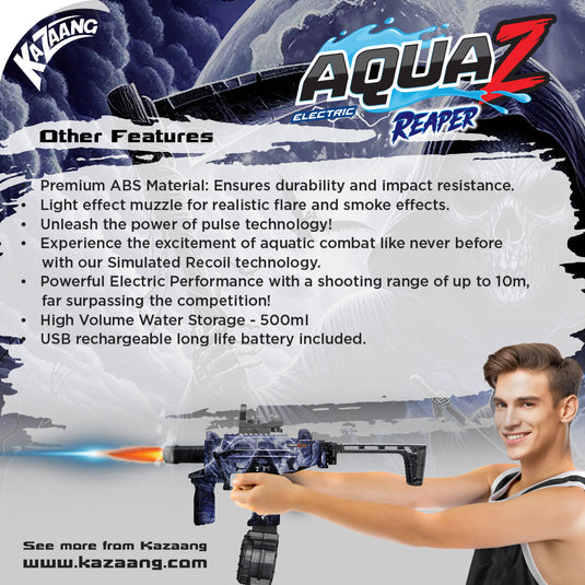 Promotional banner for the Kazaang Aqua Z Reaper electric water gun displaying product features and a person aiming the toy gun.