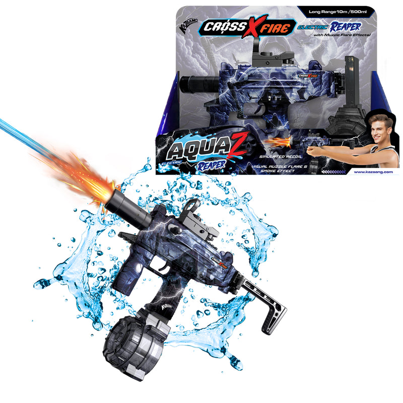 Load image into Gallery viewer, Kazaang Crossfire Aqua Z Electric Reaper toy water gun shown firing with water splash graphics and displayed in its retail box

