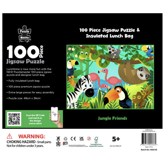 Back of pack panel listing puzzle and lunch bag features, completed puzzle image and product details
