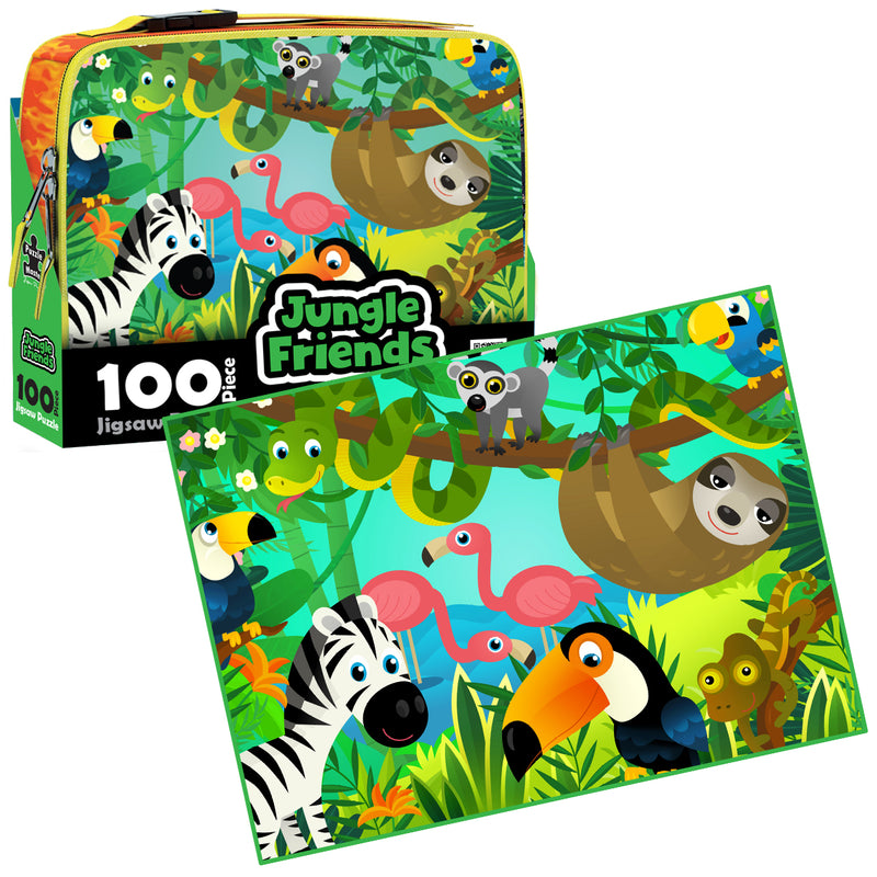 Load image into Gallery viewer, Jungle Friends lunch box case next to completed 100 piece jigsaw puzzle showing full jungle scene
