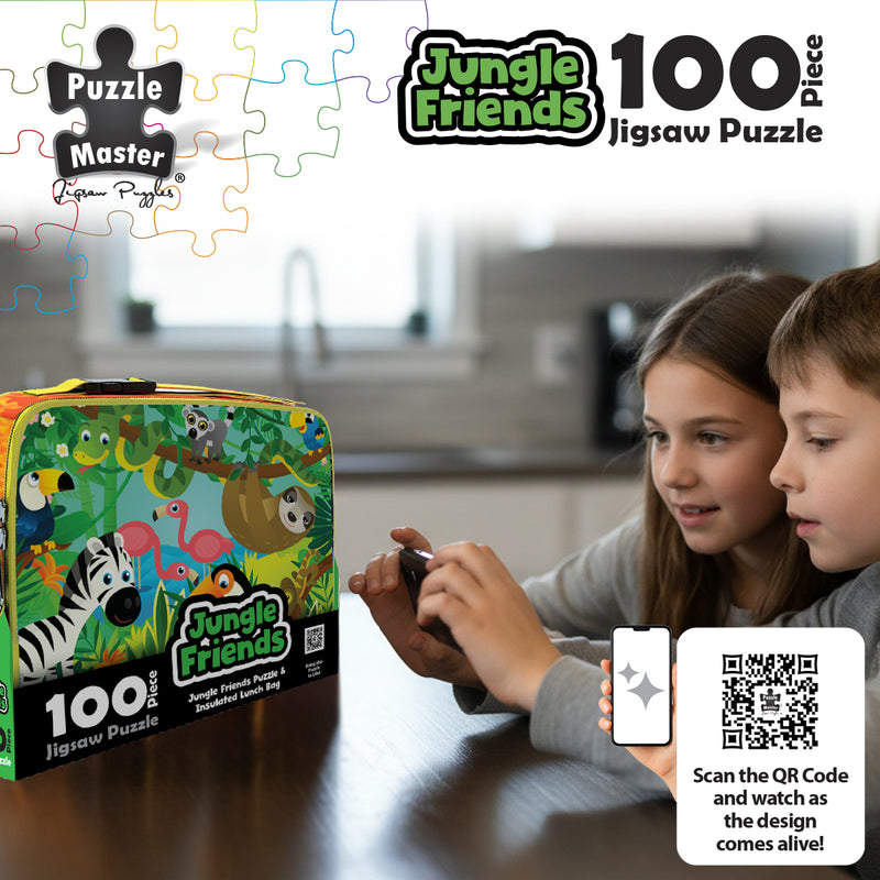 Load image into Gallery viewer, Two children scanning a QR code on the puzzle case with a smartphone to view the AR animation
