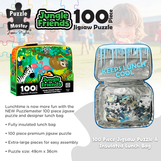Open insulated lunch bag interior shown beside puzzle case, with jigsaw pieces visible inside