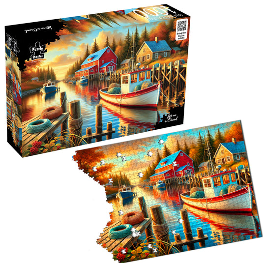 Puzzle Master Life on a Canal jigsaw puzzle box shown alongside a partially assembled puzzle depicting a scenic harbour.