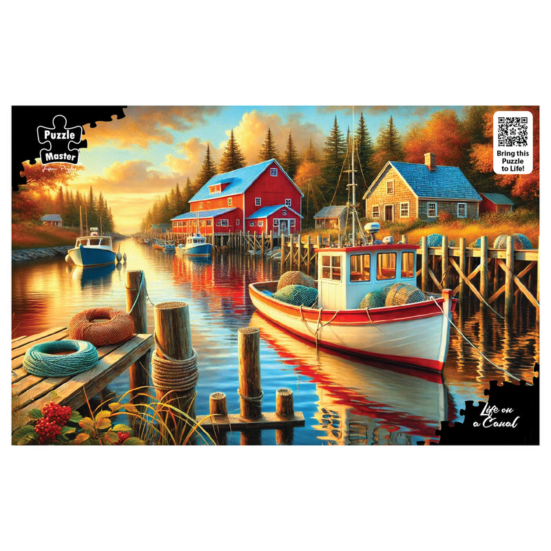 将图像加载到画廊查看器中，Artwork for Puzzle Master Life on a Canal jigsaw puzzle depicting fishing boats docked at a calm coastal harbour with red buildings at sunset.
