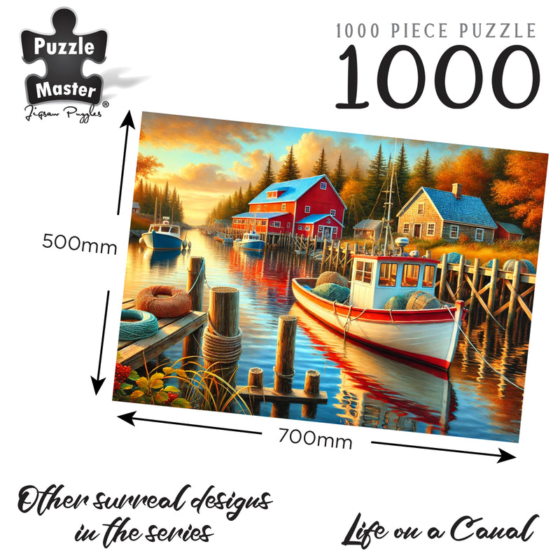 将图像加载到画廊查看器中，Graphic of the Puzzle Master 1000-piece Life on a Canal jigsaw puzzle with dimensions of 700mm by 500mm.
