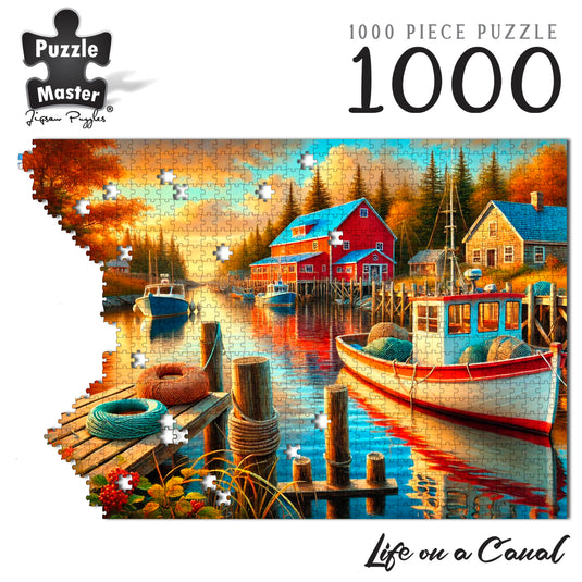 Puzzle Master 1000-piece jigsaw puzzle titled Life on a Canal depicting fishing boats docked by rustic red waterside buildings during sunset.