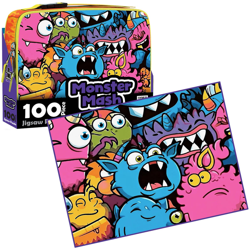 将图像加载到画廊查看器中，Lunch bag box beside the completed 100 piece Monster Mash jigsaw puzzle showing the full monster artwork
