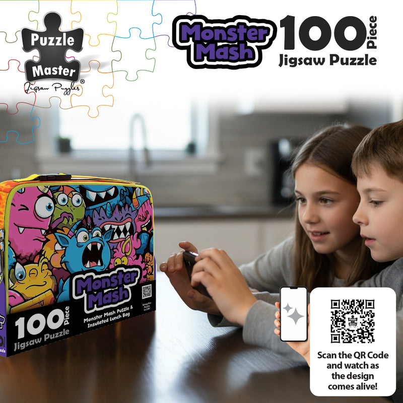 将图像加载到画廊查看器中，Infographic showing children scanning the QR code on the box to view the AR animation feature
