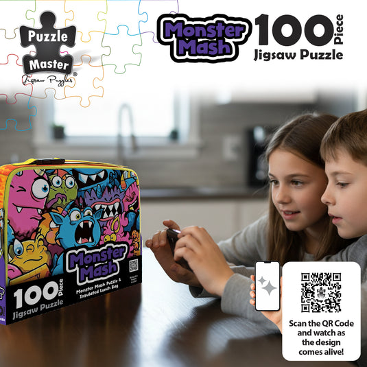 Infographic showing children scanning the QR code on the box to view the AR animation feature