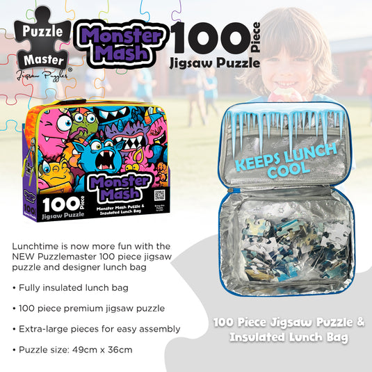 Infographic showing the insulated lunch bag open with puzzle pieces inside and feature list for the set