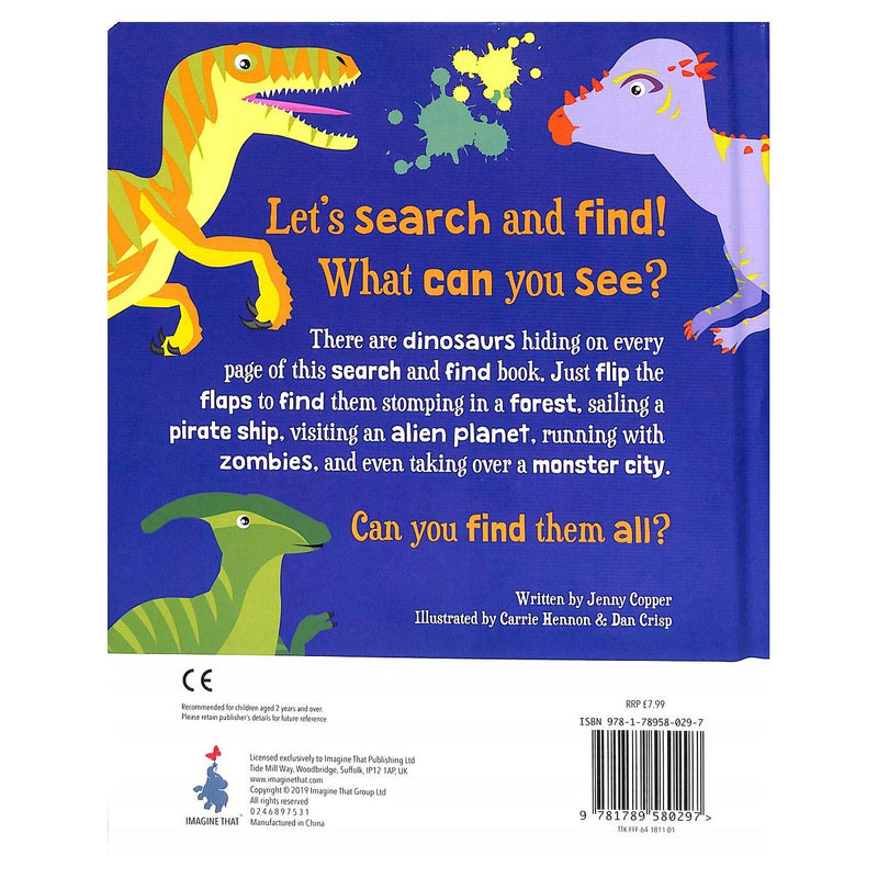Load image into Gallery viewer, Back cover of Too Many Dinosaurs, Pirates &amp; Monsters with dinosaur illustrations and a search and find description
