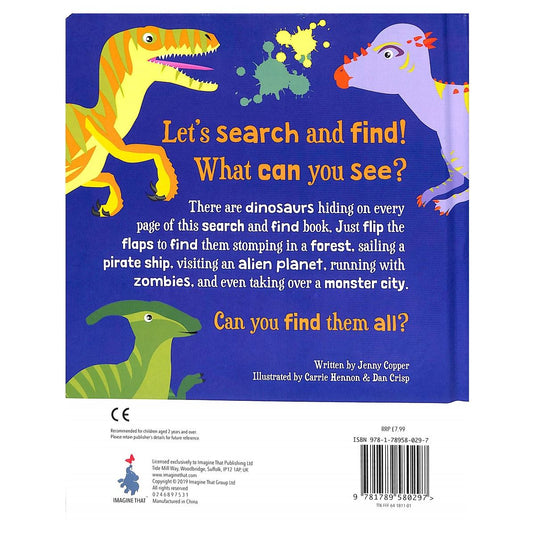 Back cover of Too Many Dinosaurs, Pirates & Monsters with dinosaur illustrations and a search and find description